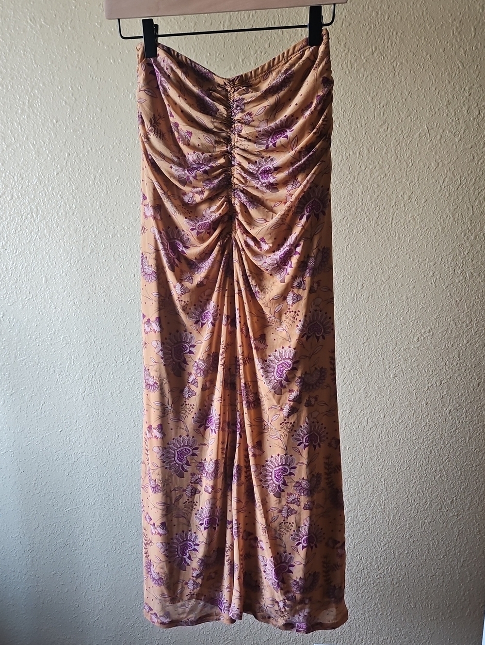 House Of Harlow Peach Floral Ruched Maxi Skirt with Purple Print